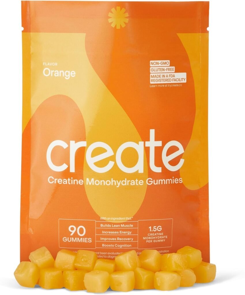 Create Creatine Monohydrate Gummies - Boost Focus, Strength, and Endurance, Anti-Melting Formula, Vegan, Gluten-Free, Non-GMO, 1.5 Gram Creatine per Gummy (Orange Flavor, 90 Count)