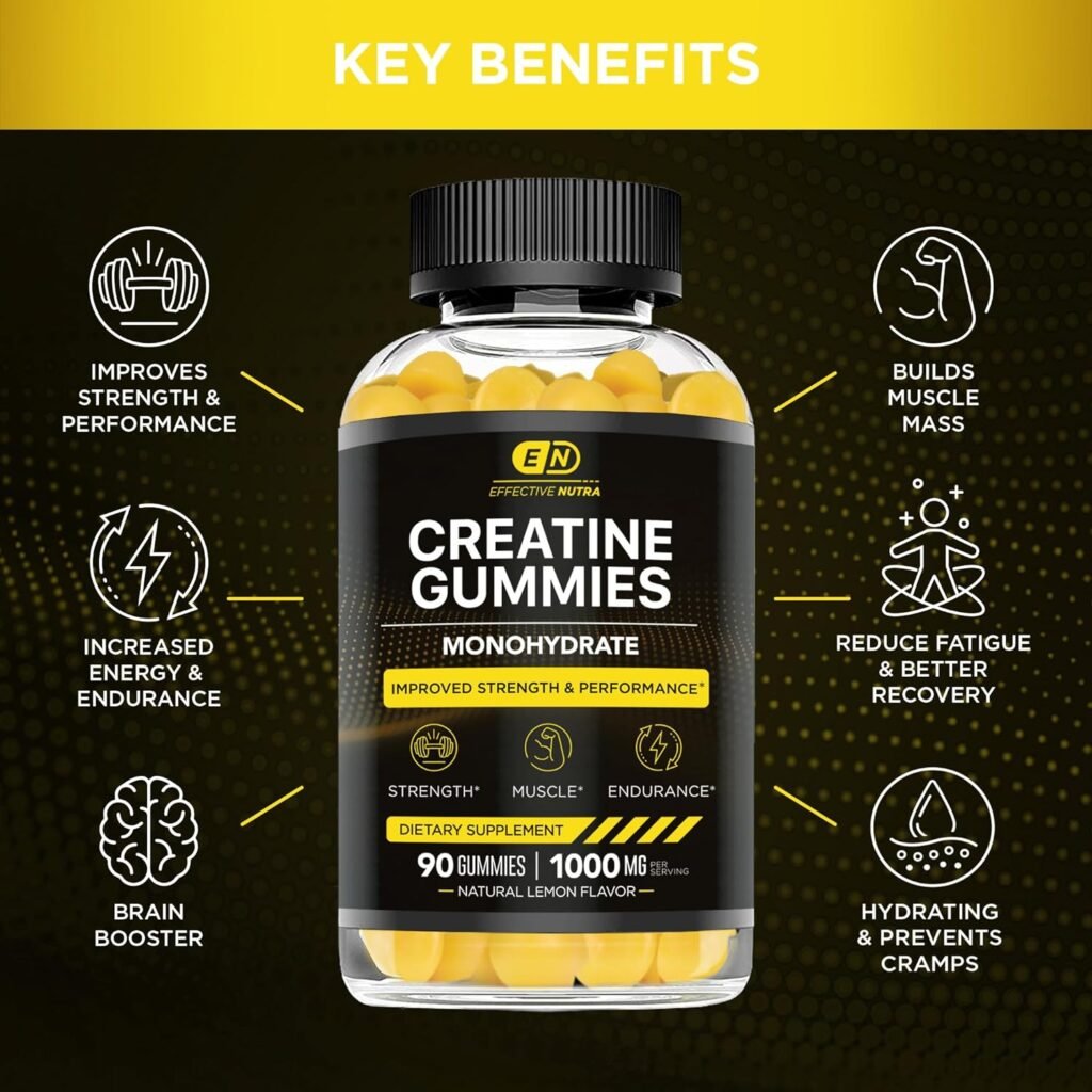 EFFECTIVE NUTRA Creatine Gummies - Creatine Monohydrate Gummies - Strength, Muscle, Energy - Creatine Gummies for Men and Women 1g per Gummy (90ct)