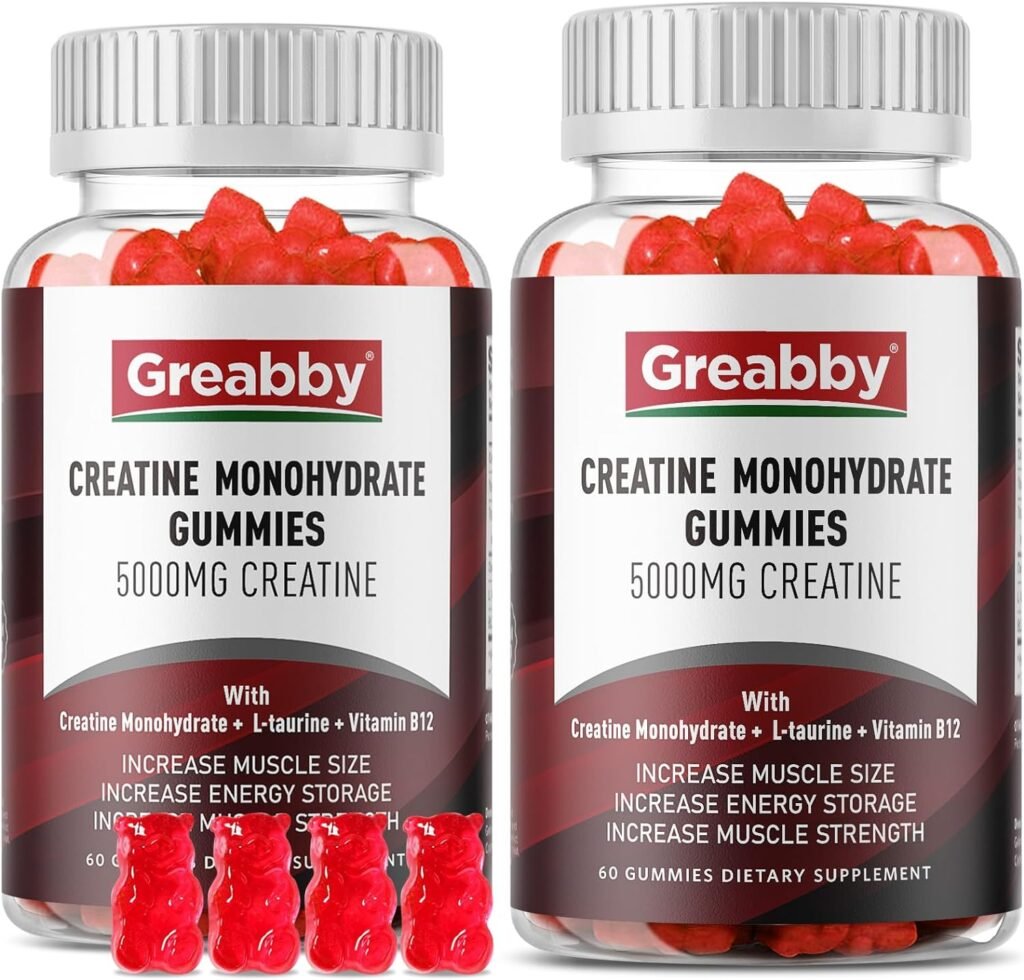 GREABBY Creatine Monohydrate Gummies 5g for Men  Women, Chewables Creatine Monohydrate for Muscle Strength, Taurine  B12, Muscle Builder, Energy Boost, Pre-Workout Supplement(120Count)