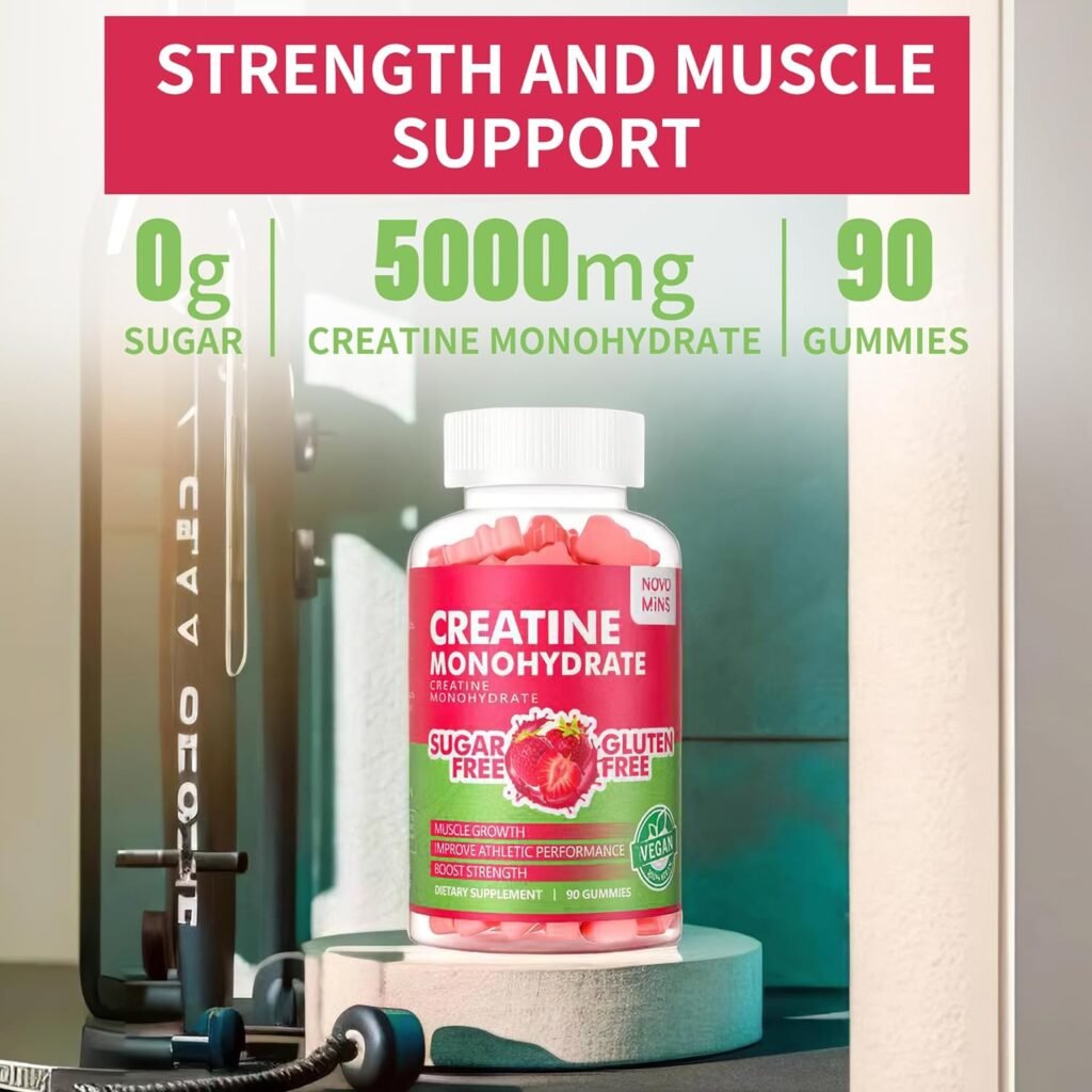 Novomins Creatine Monohydrate Gummies 5000mg for Men  Women, Chewables Creatine Monohydrate for Muscle Strength, Muscle Builder, Energy Boost, Pre-Workout Supplement(90 Count)-Strawberry Flavor