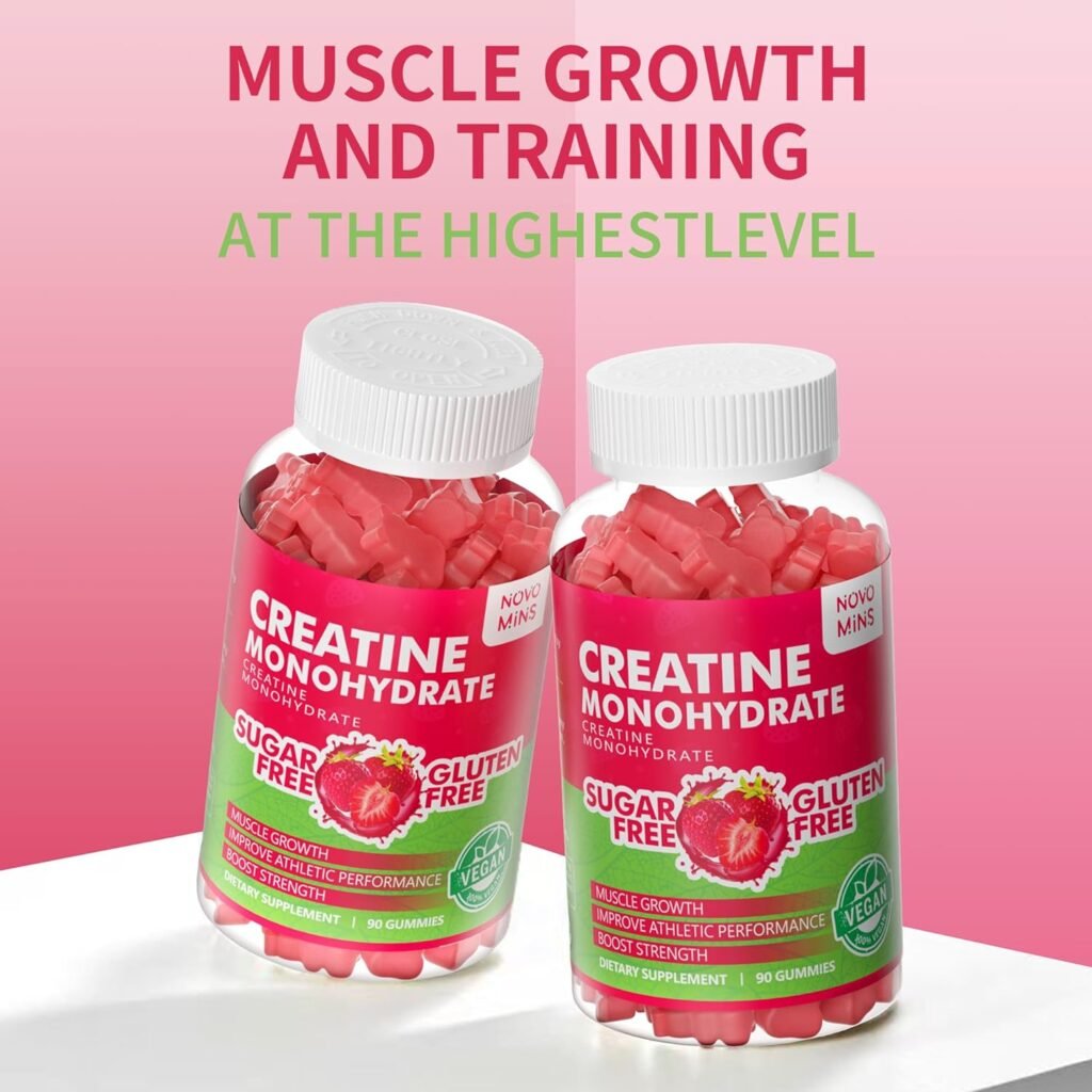Novomins Creatine Monohydrate Gummies 5000mg for Men  Women, Chewables Creatine Monohydrate for Muscle Strength, Muscle Builder, Energy Boost, Pre-Workout Supplement(90 Count)-Strawberry Flavor