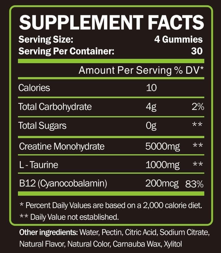 Creatine Monohydrate Gummies 5g for Men  Women, Sugar-Free  Vegan Pre-Workout Supplement for Muscle Growth  Recovery, Taurine  B12, Energy Boost, 120Ct