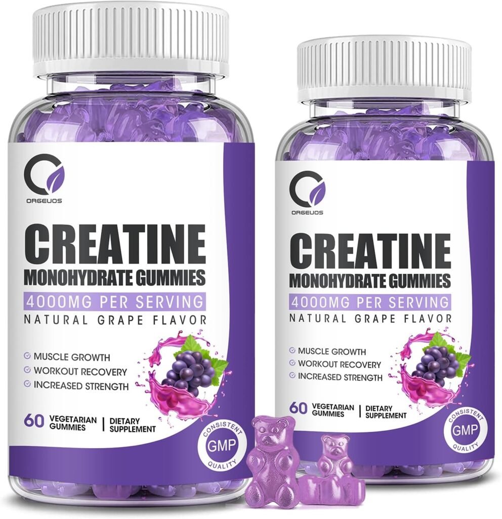 Creatine Monohydrate Gummies for Men  Women, Creatine Supplement for Energy, Muscle  Booty Gain, Pre-Workout Supplement with Collagen, BCAA, L-Citrulline, Sugar-Free, Vegan, Grape Flavor