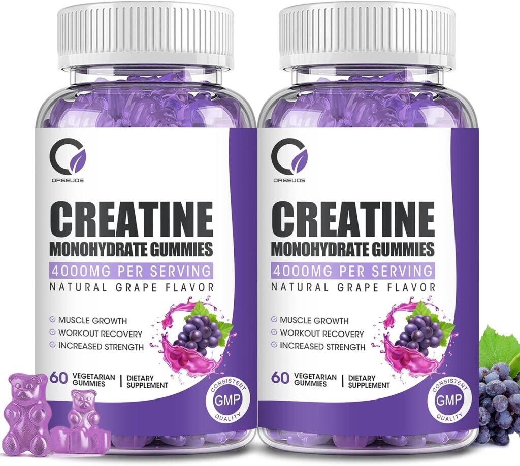 Creatine Monohydrate Gummies for Men  Women, Creatine Supplement for Energy, Muscle  Booty Gain, Pre-Workout Supplement with Collagen, BCAA, L-Citrulline, Sugar-Free, Vegan, Grape Flavor