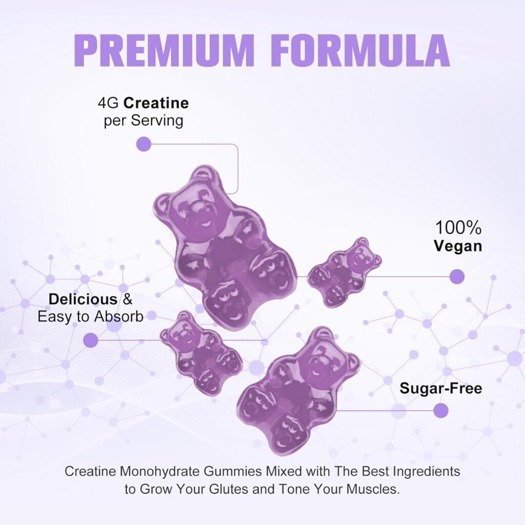 Creatine Monohydrate Gummies for Men  Women, Creatine Supplement for Energy, Muscle  Booty Gain, Pre-Workout Supplement with Collagen, BCAA, L-Citrulline, Sugar-Free, Vegan, Grape Flavor