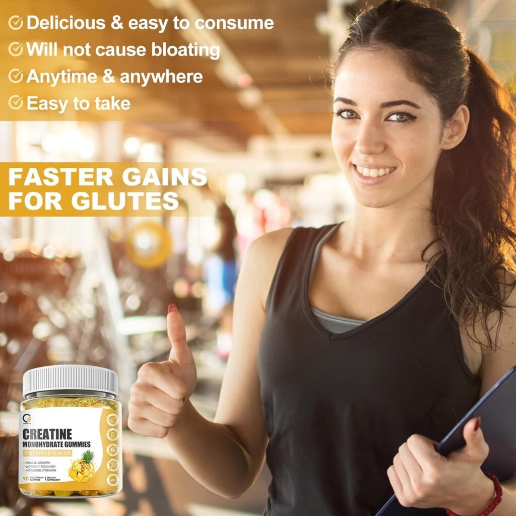 Creatine Monohydrate Gummy for Women, Creatine Supplement with Hydrolyzed Collagen, BCAA, L-Citrulline, for Muscle Growth, Recovery, Increased Strength, 30 Servings, Pineapple Flavored