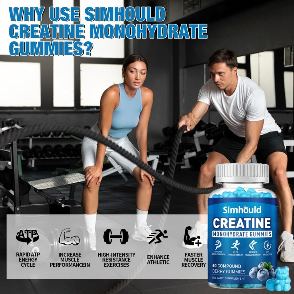 Simhould 1 Pack Creatine Monohydrate Gummies for Men  Women, Chewable Creatine Monohydrate for Muscle Strength  Growth, Energy Boost, Muscle Builder, Sugar Free Supplements, Vegan, 60 Counts